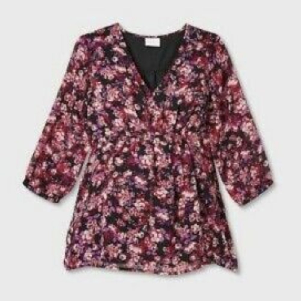 Isabel Maternity 3/4 Sleeve Button Chiffon Woven Blouse - Burgundy/Black Floral